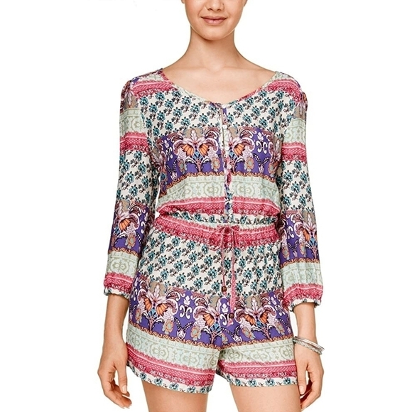 AMERICAN RAG CIE Printed Quarter Sleeve Button-Front Romper - Picture 1 of 9